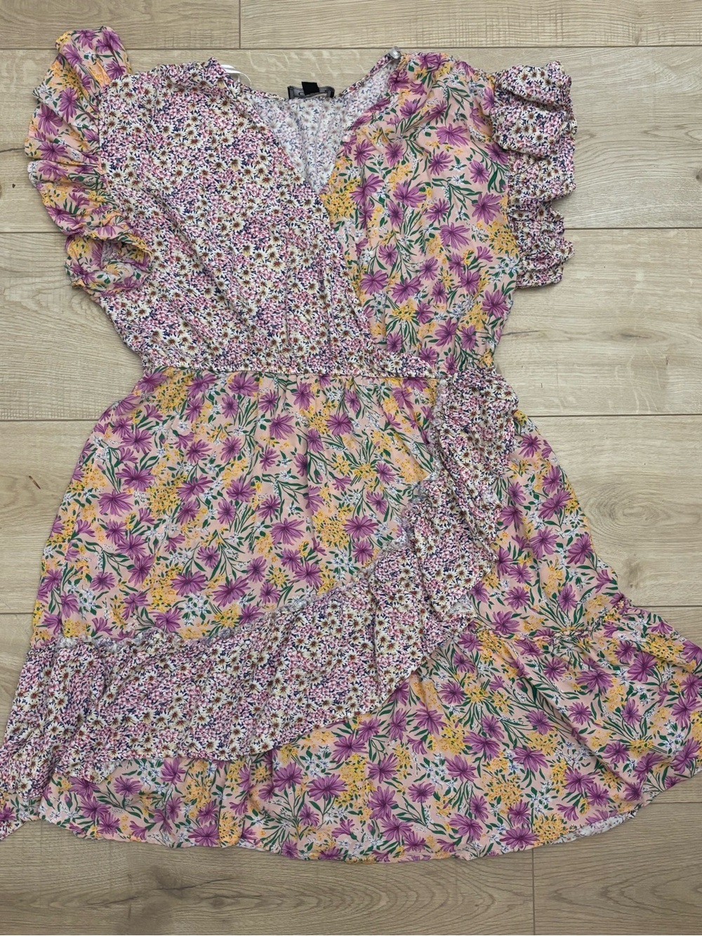 Floral Faux Wrap Dress with Mixed Print Purple and Yellow Boho Cottagecore